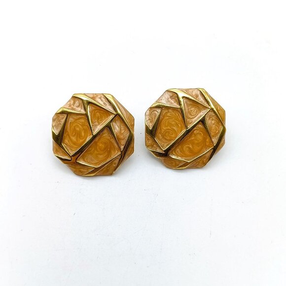 Abstract Octagonal Monet Earrings, Gold Tone Studs with Peach Swirl Enamel Geome - Picture 4 of 5